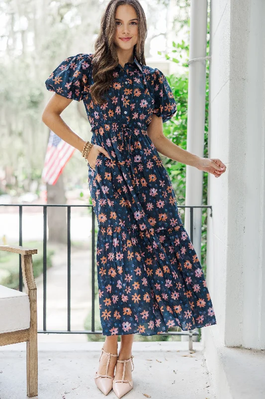 Pinch: Looking Your Way Navy Blue Floral Midi Dress