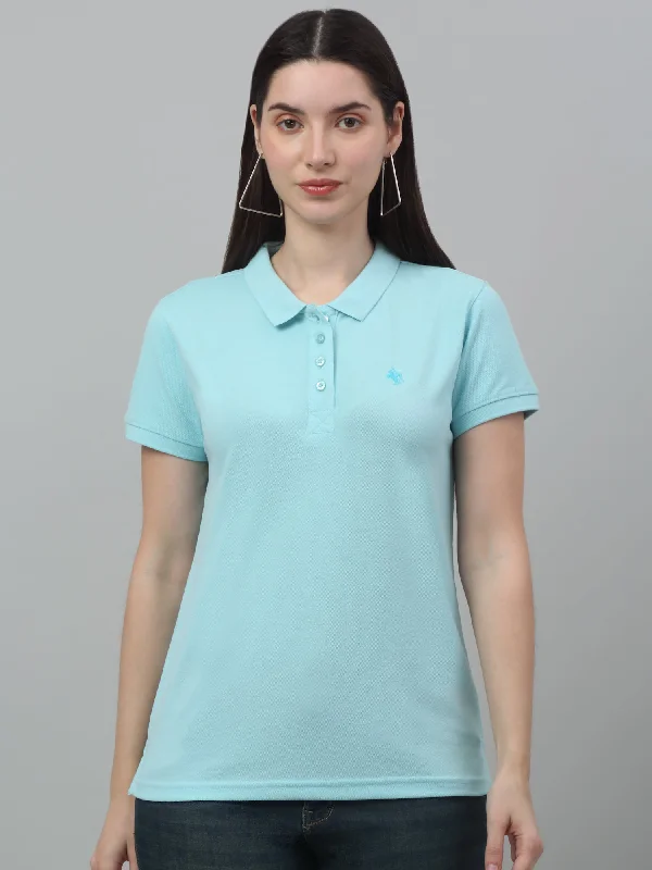 Women's Casual Regular Short Sleeve Aqua Polo neck  T-Shirt