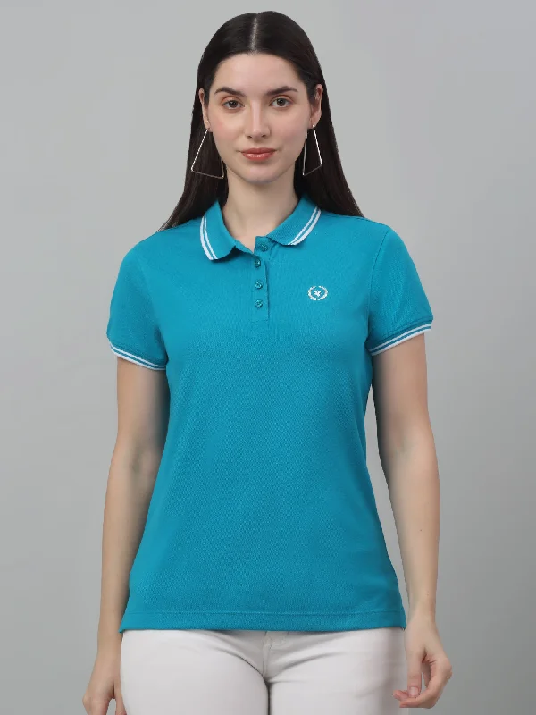 Women's Casual Regular Short Sleeve Blue Polo neck  T-Shirt