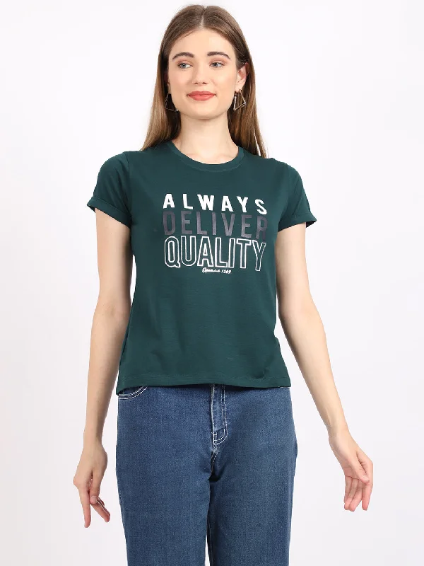 Women's Casual Regular Short Sleeve Bottle Green Round neck Typographic Print T-Shirt