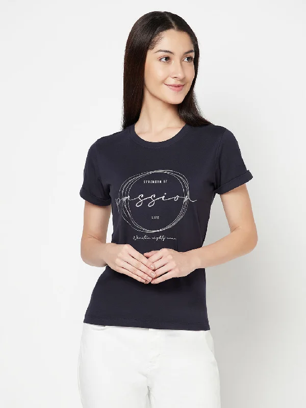 Women's Casual Regular Short Sleeve Navy Blue Round neck Graphic Print T-Shirt