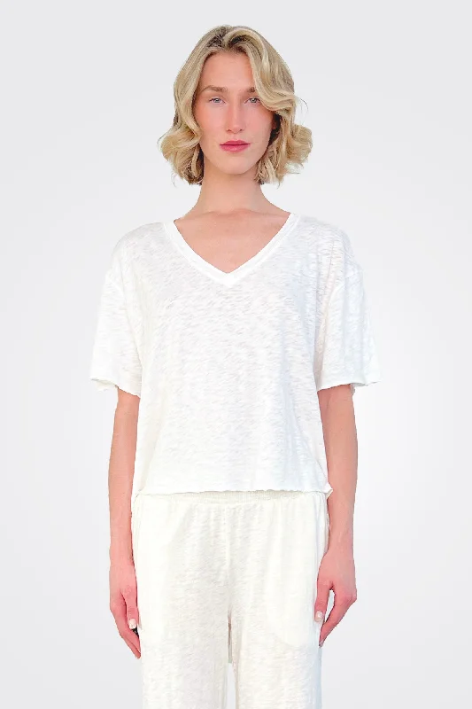 Charlie V Neck Short Sleeve Top - White Sand