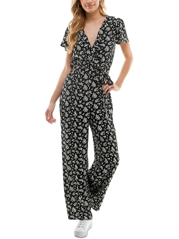 Juniors Womens Ruffled Surplice Jumpsuit