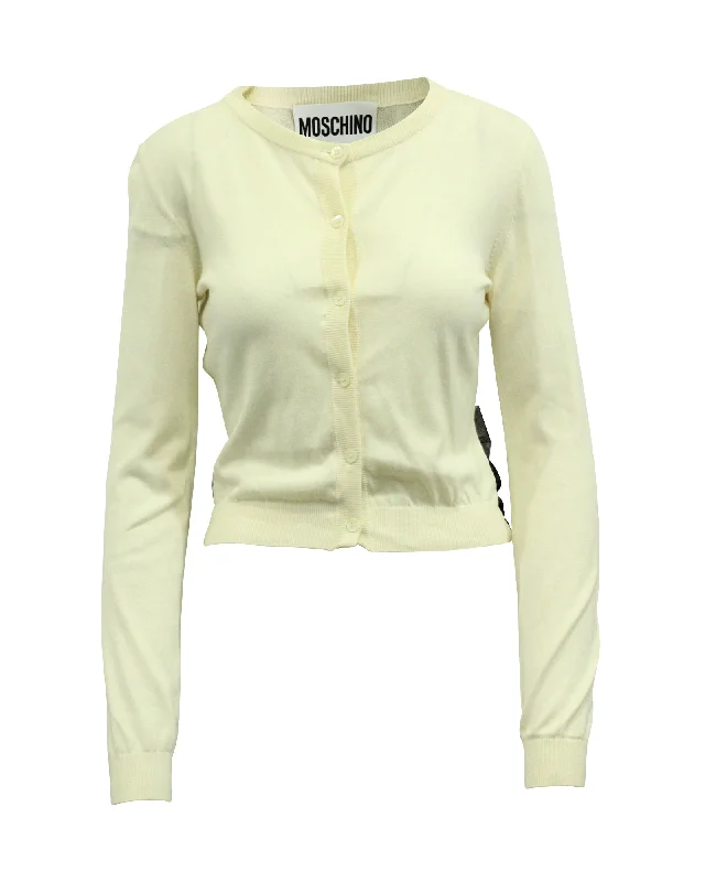 Moschino Bow Embellished Knit Cardigan in Cream and Black Polyamide