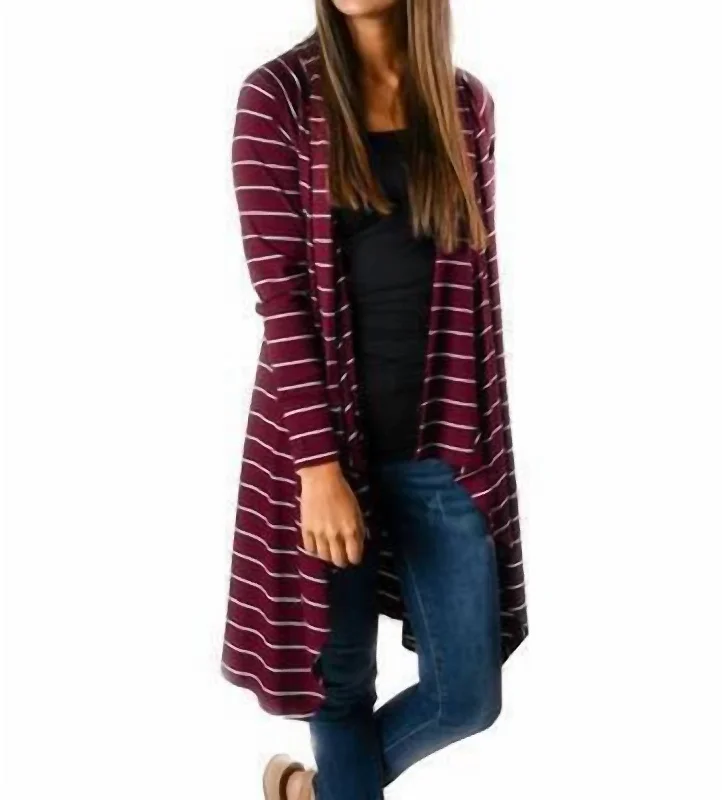 Stripe Waterfall Cardigan In Maroon