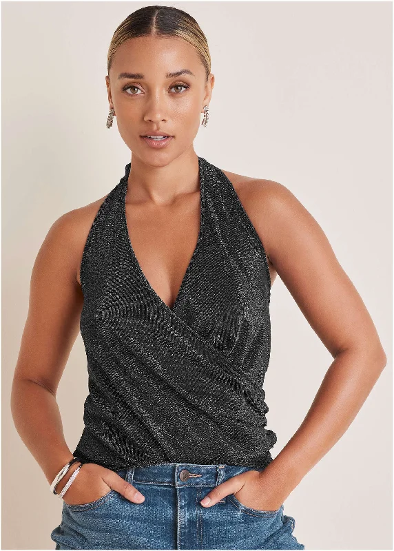 Glitter Knit Wrap Tank - Jet Black Glitter Knit