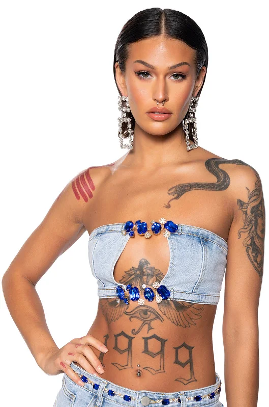 BLINGED OUT CUT OUT DENIM BANDEAU TOP