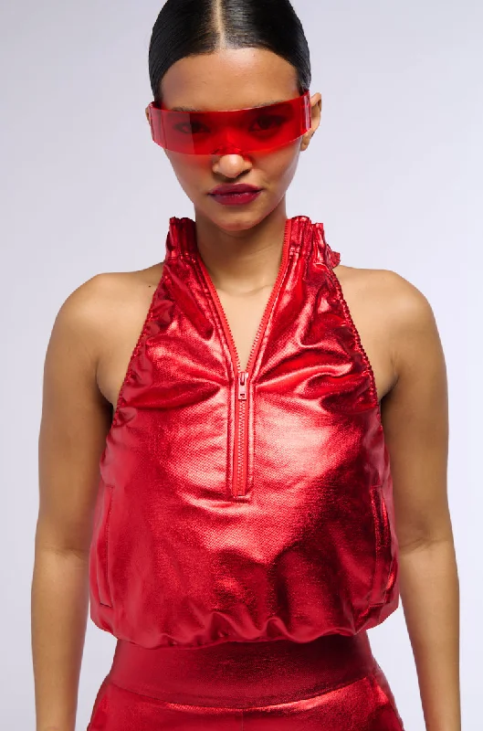 SPACE CADET SLEEVELESS METALLIC ZIP UP TOP IN RED