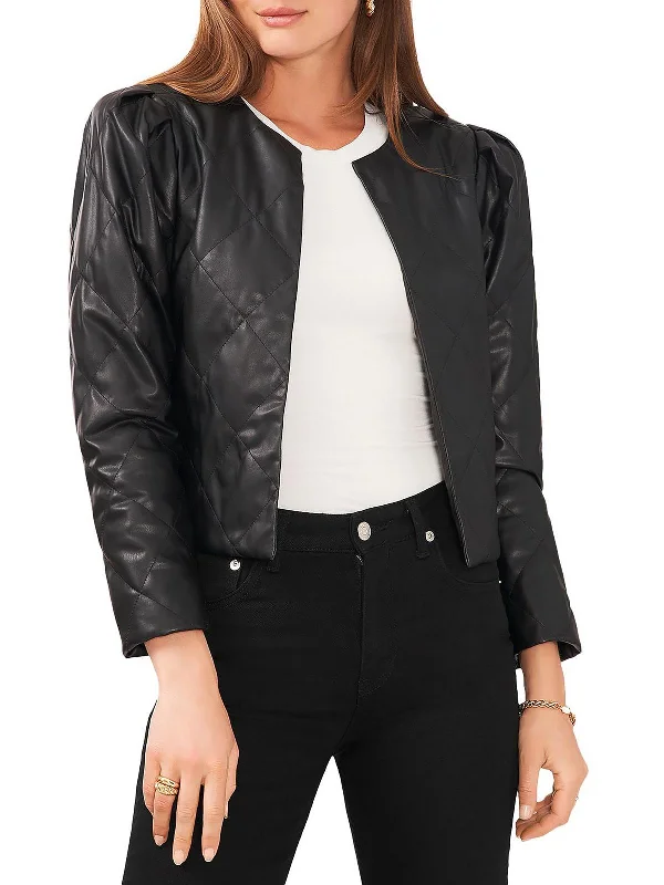 Womens Faux Leather Cropped Quilted Coat