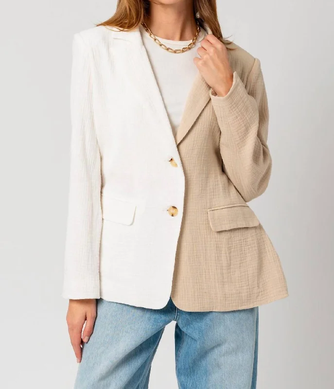 Color Block Oversized Blazer In Taupe/white