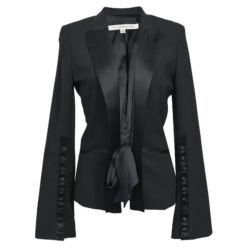 Diane Von Furstenberg Satin Tie Front Blazer in Black Wool