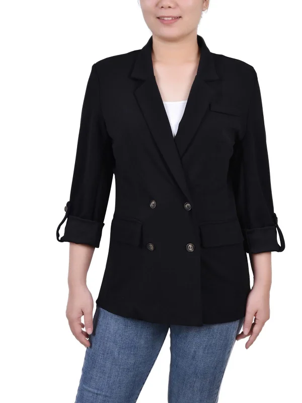 Petites Womens Knit Long Sleeves Two-Button Blazer