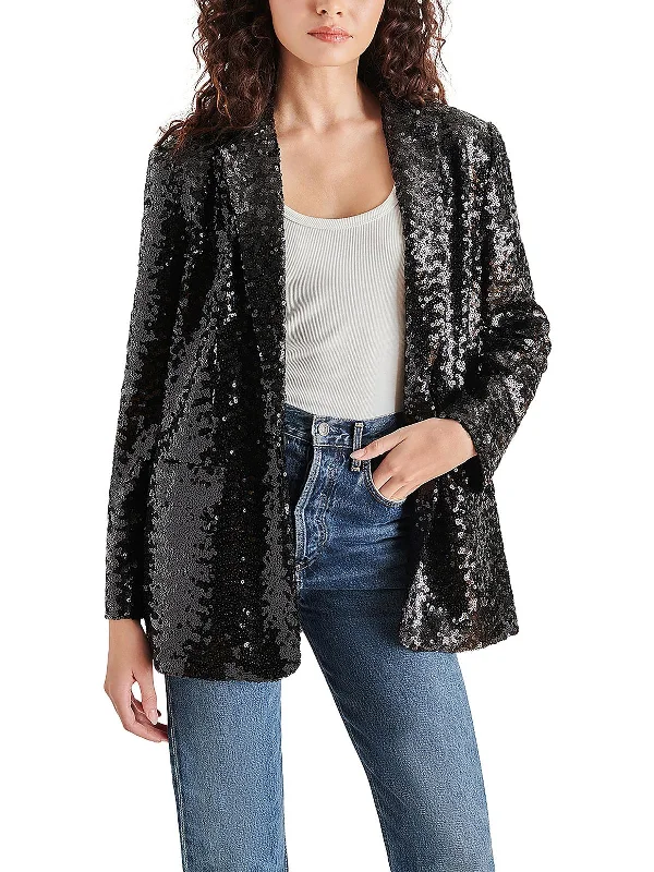 Womens Sequined Notch Collar One-Button Blazer