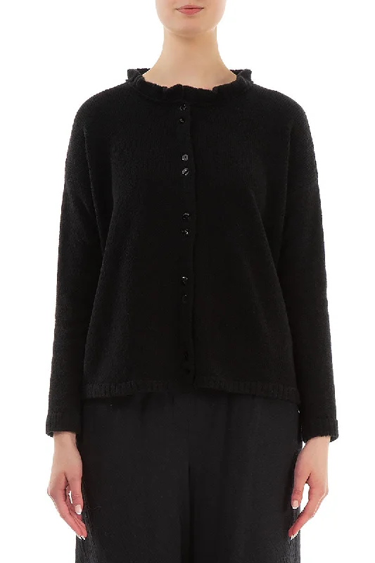 Frill Collar Black Wool Cardigan