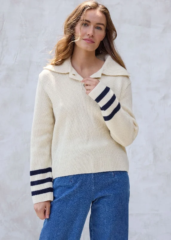 VANOISE - Button-Down Collar Sweater with Flared Long Sleeves | 100% Wool (IVORY / NAVY)